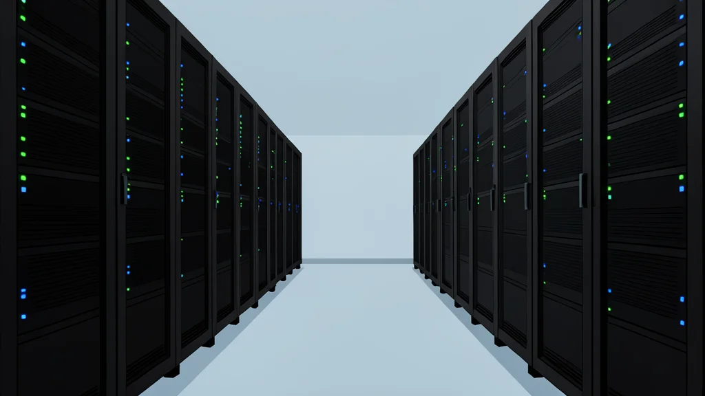 A modern server room with rows of black computer racks and blinking status lights