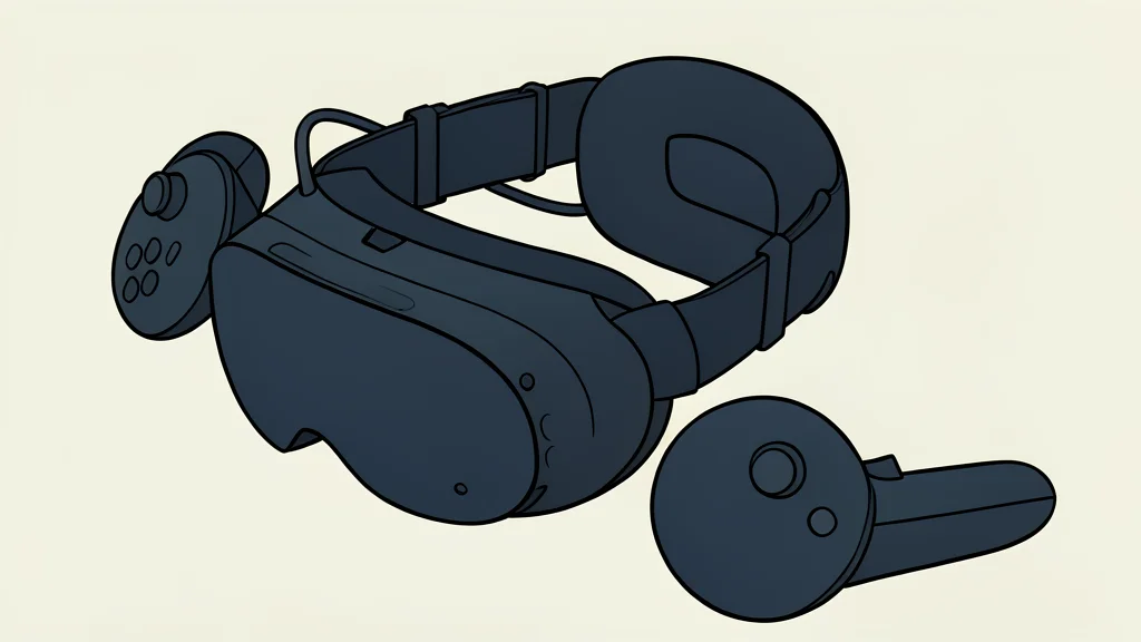 A sleek black virtual reality headset resting on a wooden desk next to a pair of ergonomic game controllers.
