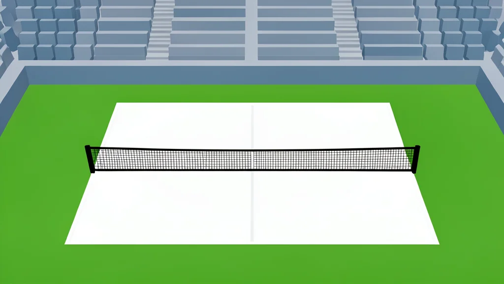 A pristine white tennis court with a net stretched across the center, surrounded by green grass and empty stadium seating in the background.