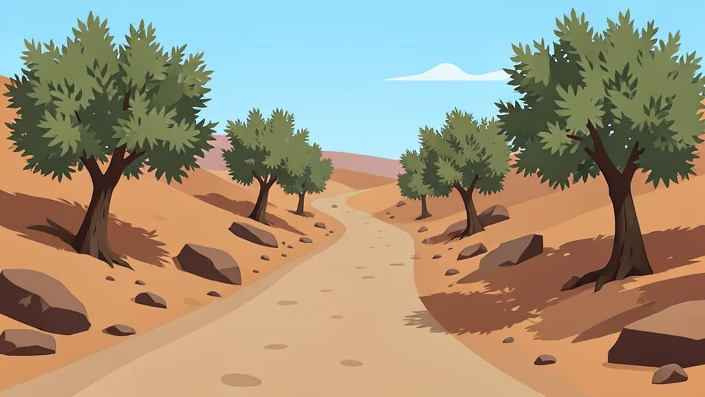 A dusty, unpaved road winding through a dry, rocky landscape with scattered olive trees