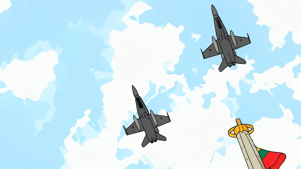 A fighter jet flying over a flat, green Baltic landscape with scattered forests and a distant village