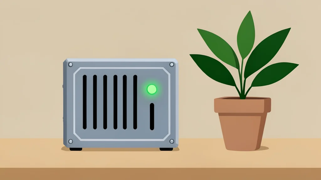 A small, rugged metal box with ventilation slots and a single status light, sitting on a wooden desk next to a potted plant.
