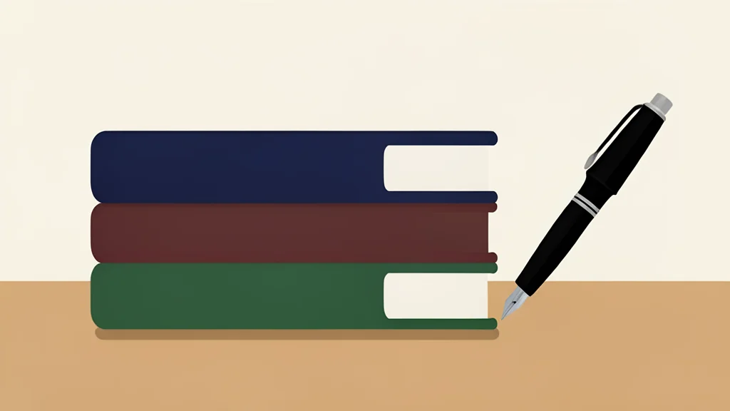 A stack of law books on a wooden desk next to a fountain pen