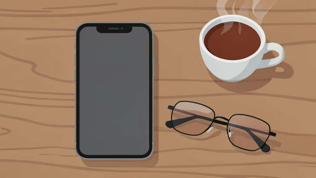 A smartphone resting on a wooden table next to a pair of reading glasses and a cup of tea