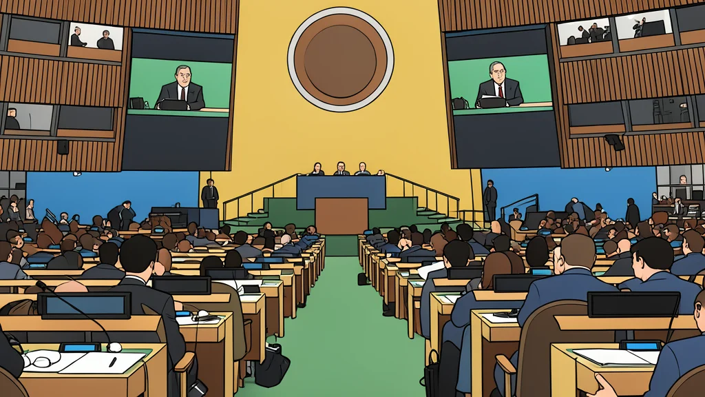 A large, circular assembly hall with rows of empty chairs facing a central podium
