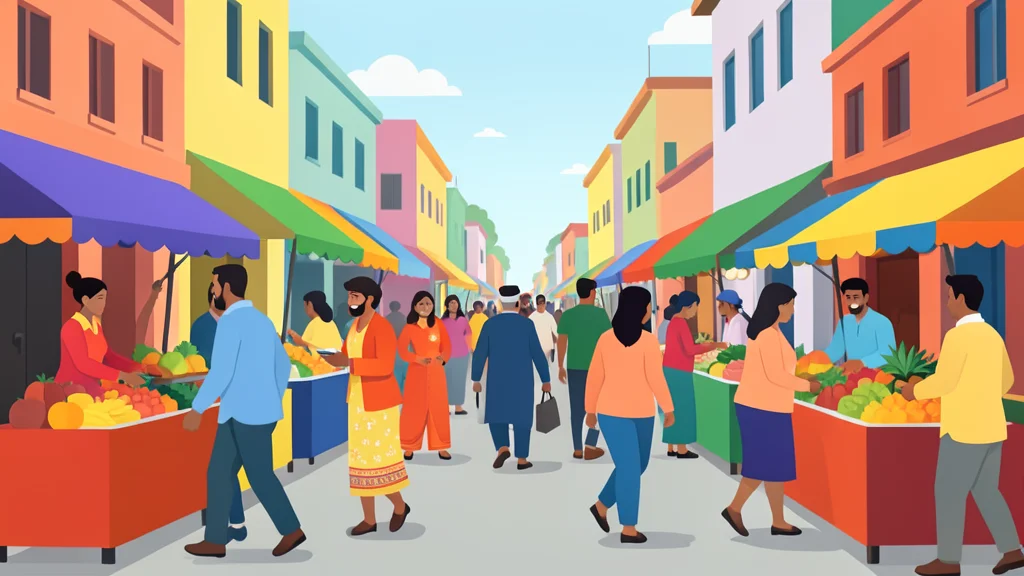 A bustling street market in India with people walking and shopping