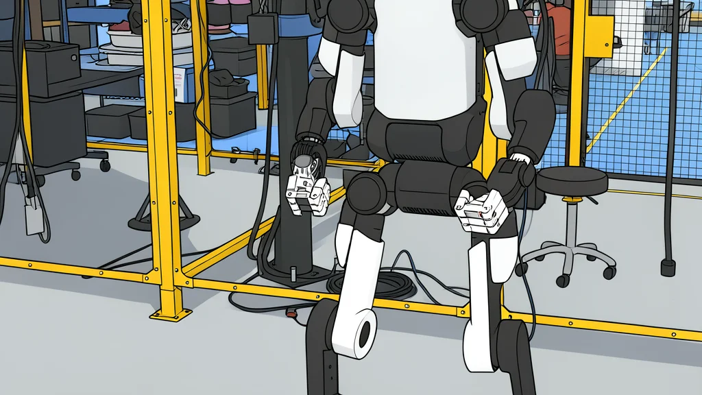 A sleek, bipedal humanoid robot standing on a polished factory floor next to a row of car seats