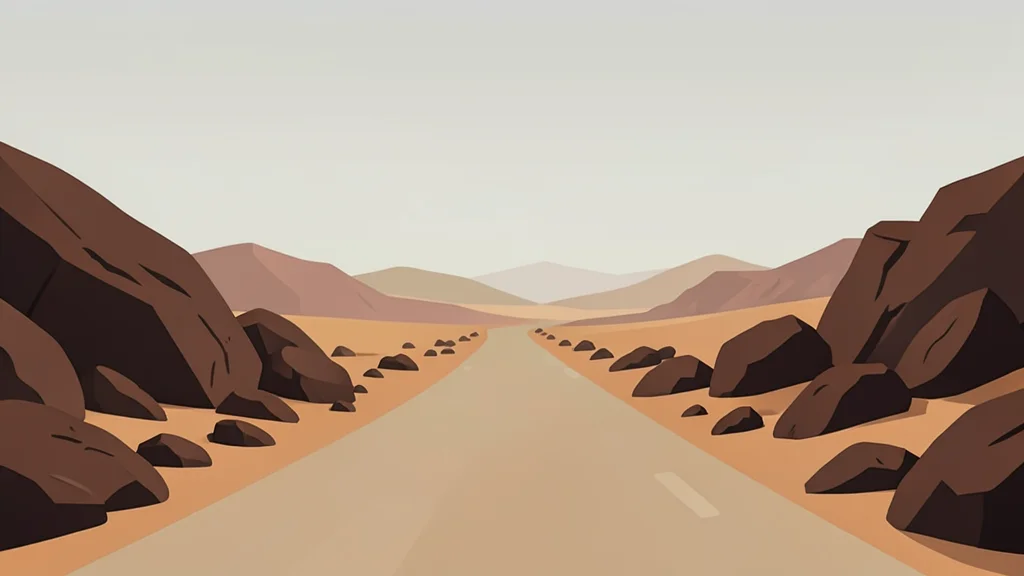 A dusty, unpaved road stretching through an arid, rocky landscape under a hazy sky