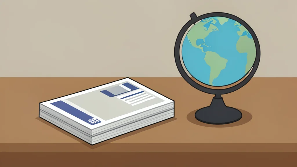 A neat stack of government bond certificates resting on a wooden desk next to a globe.