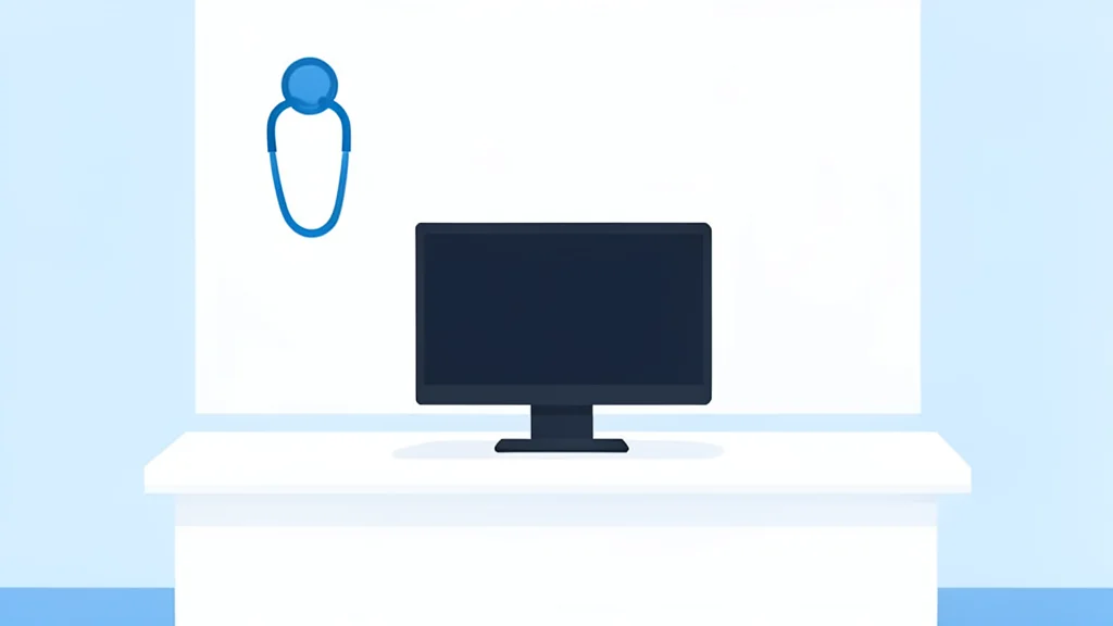 A modern medical office reception desk featuring a computer monitor and a stethoscope hanging on a wall hook
