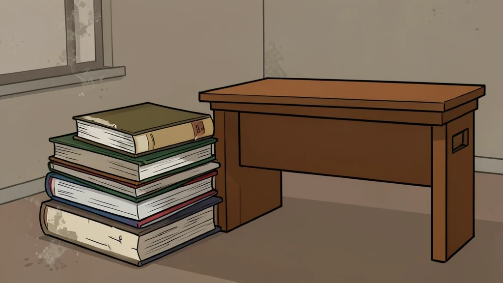 A stack of worn schoolbooks and a wooden desk in a dusty room