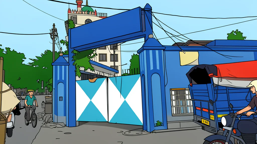A large, empty iron gate of a colonial-era building with schoolboys playing in the background