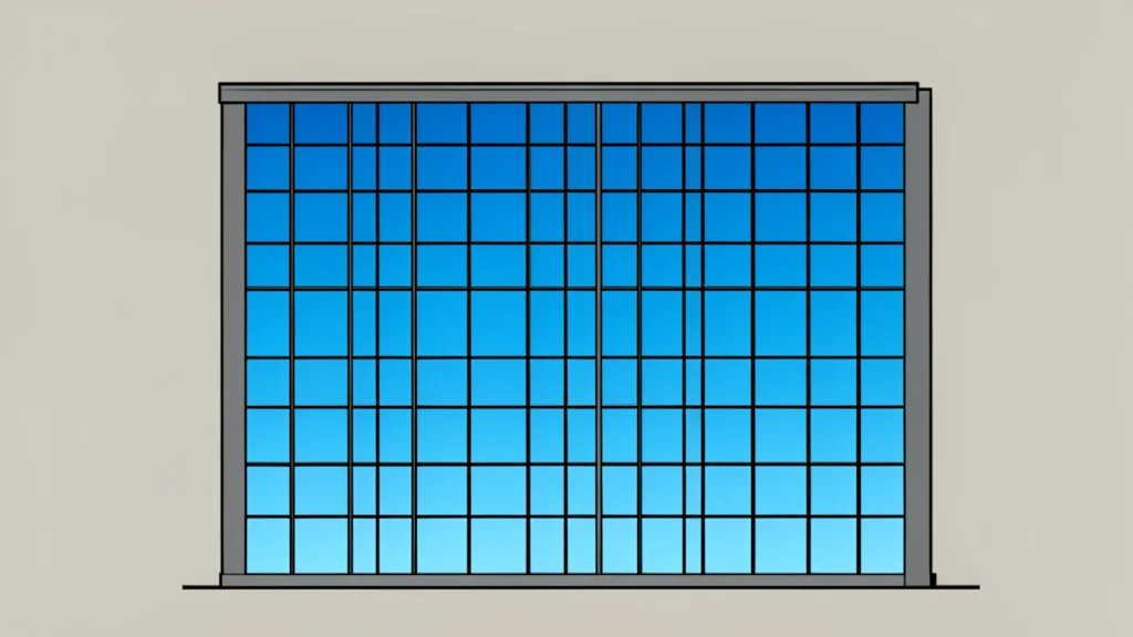 A modern glass office building with a grid of windows reflecting the sky