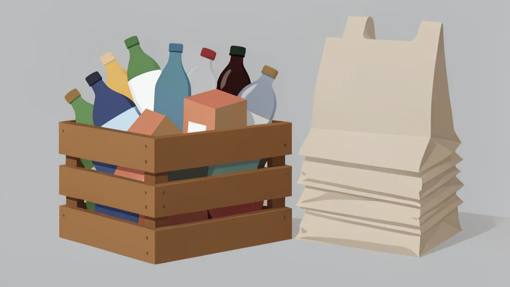 A wooden crate filled with generic household goods and a stack of grocery bags