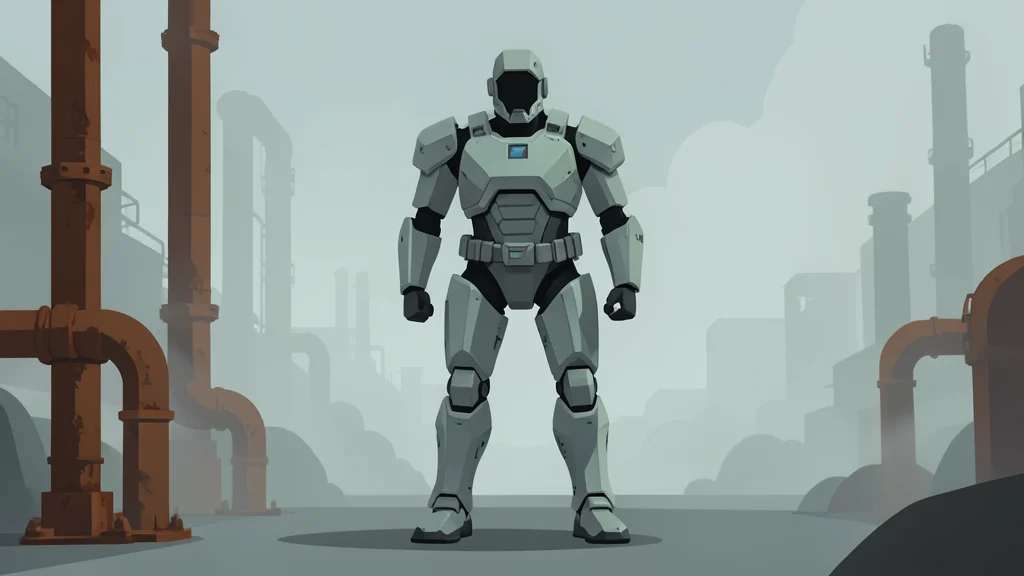 A futuristic exosuit standing in a misty, industrial quarantine zone