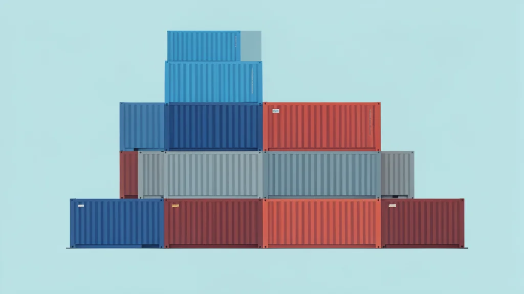 A flat vector illustration of stacked shipping containers in a port yard.