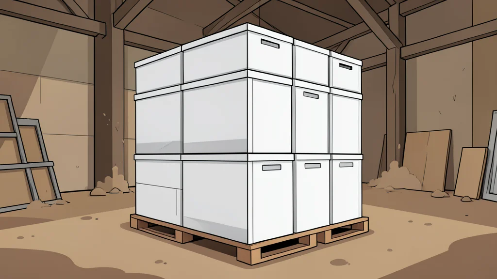 A stack of white emergency relief boxes in a dusty warehouse