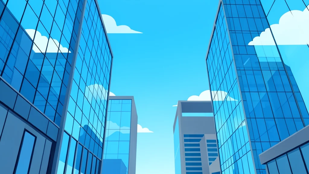 A modern city skyline with glass skyscrapers reflecting the sky.
