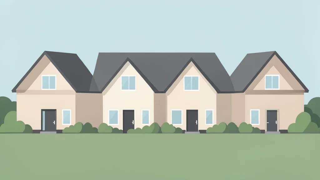A row of semi-detached houses with pitched roofs and front gardens
