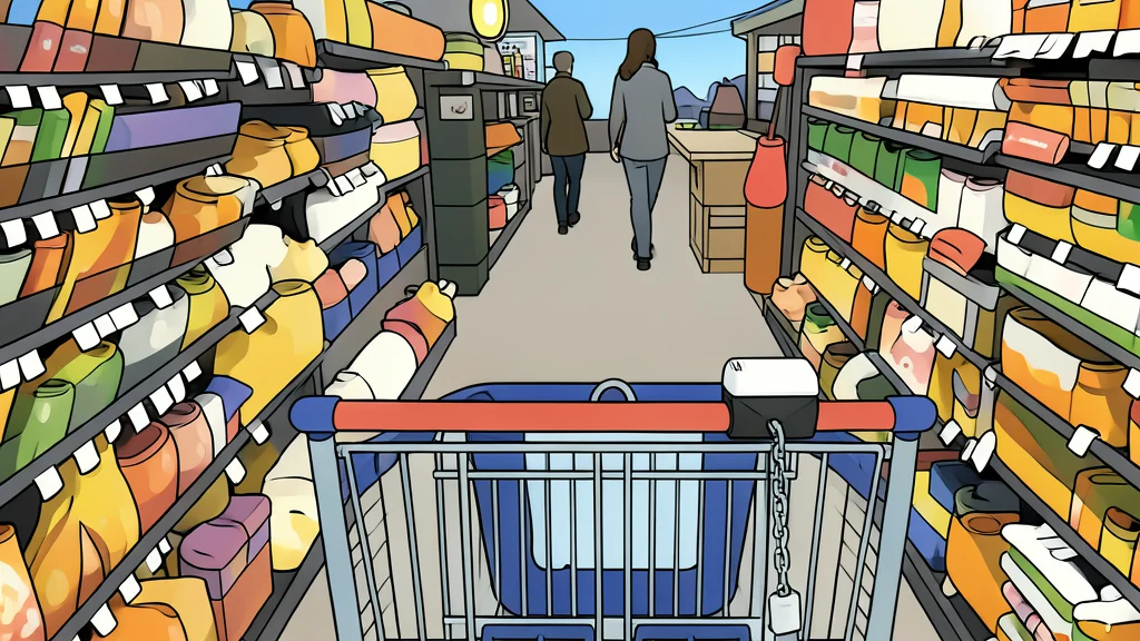 A wooden shopping cart filled with generic grocery items like bread, milk, and vegetables