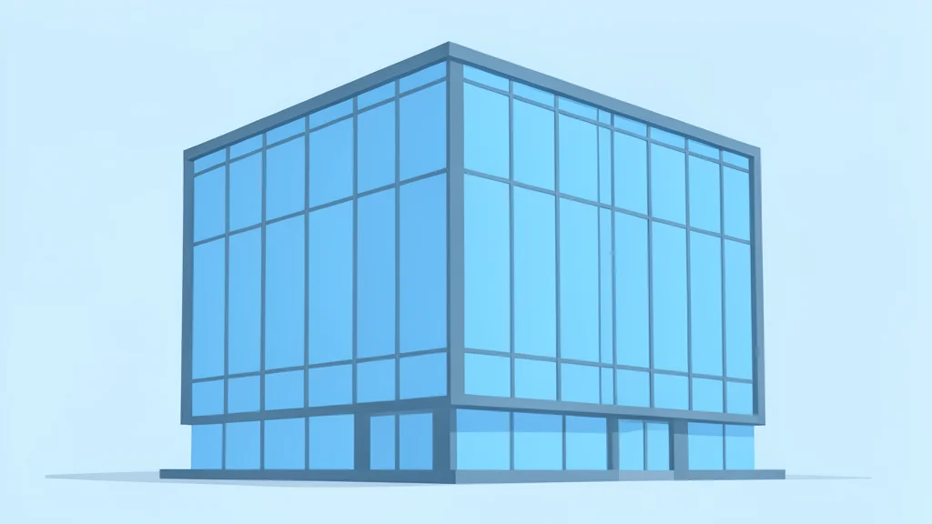 A modern glass office building with a calm blue facade
