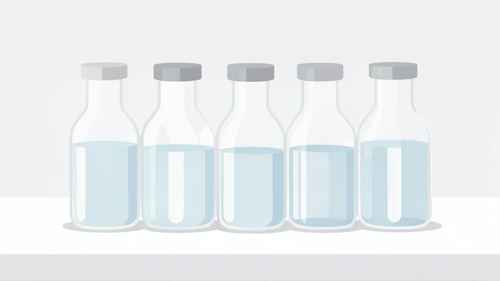 A cluster of glass vials containing clear liquid arranged on a sterile white laboratory bench