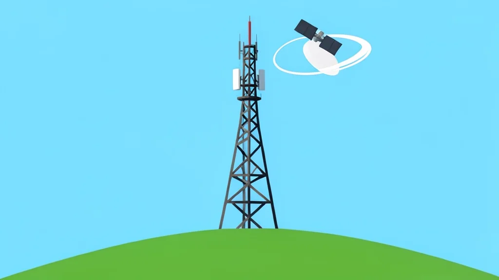 A telecommunications tower on a grassy hill with a satellite orbiting above