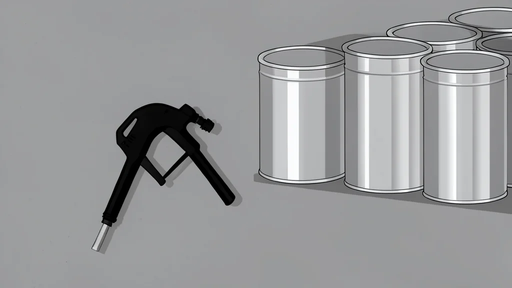 A fuel pump nozzle resting on a concrete surface next to a row of silver oil barrels