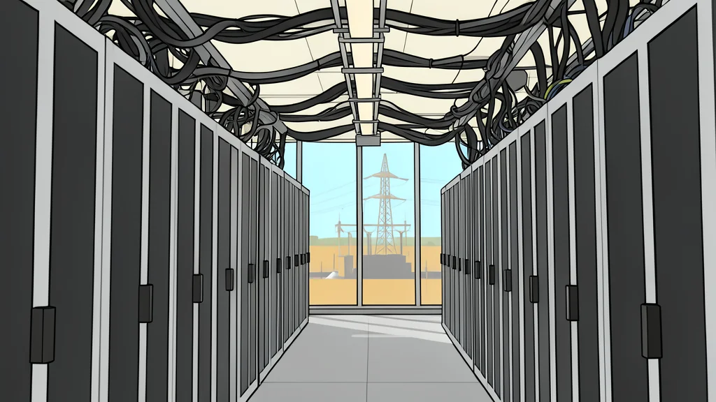 A vast, empty data center hall with rows of server racks and cooling pipes