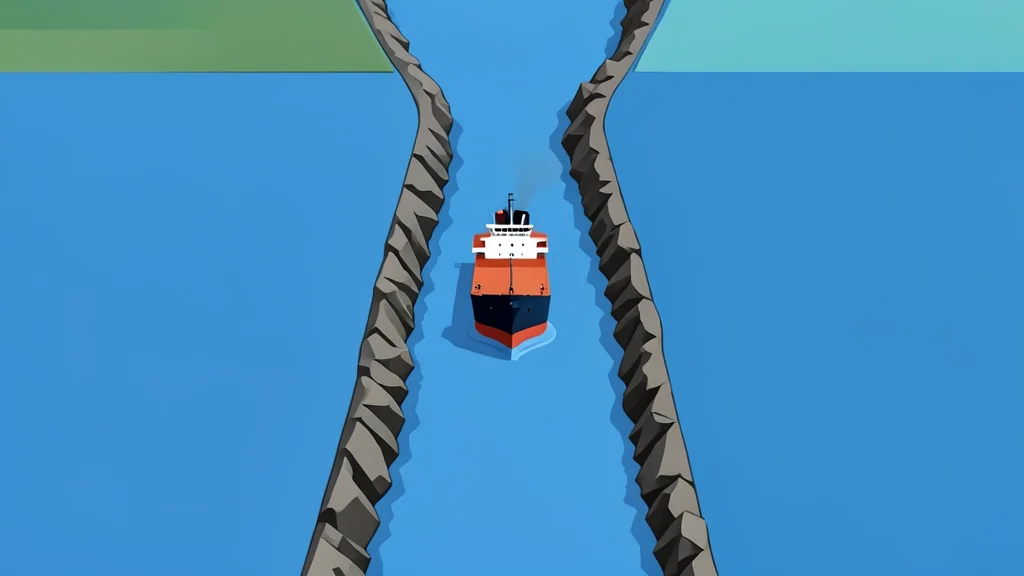 A flat vector illustration of a narrow, rocky strait connecting two bodies of water with a single oil tanker navigating through the channel.