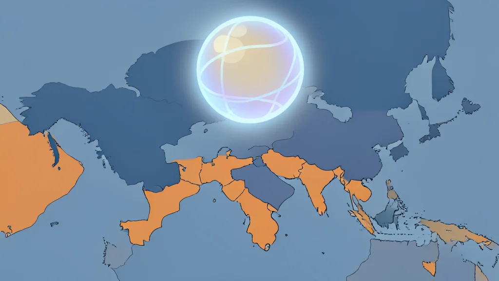 A glowing digital sphere hovering over a stylized map of the Middle East and East Asia