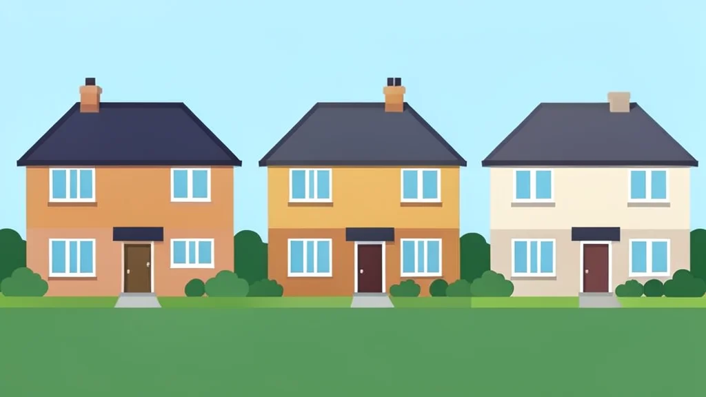 A row of semi-detached houses with pitched roofs and front gardens