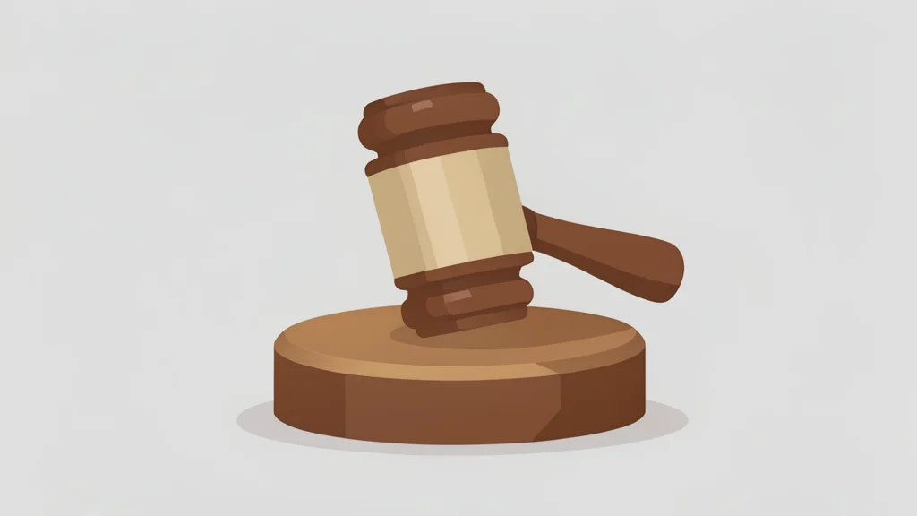 A wooden gavel resting on a sound block in a neutral courtroom setting.