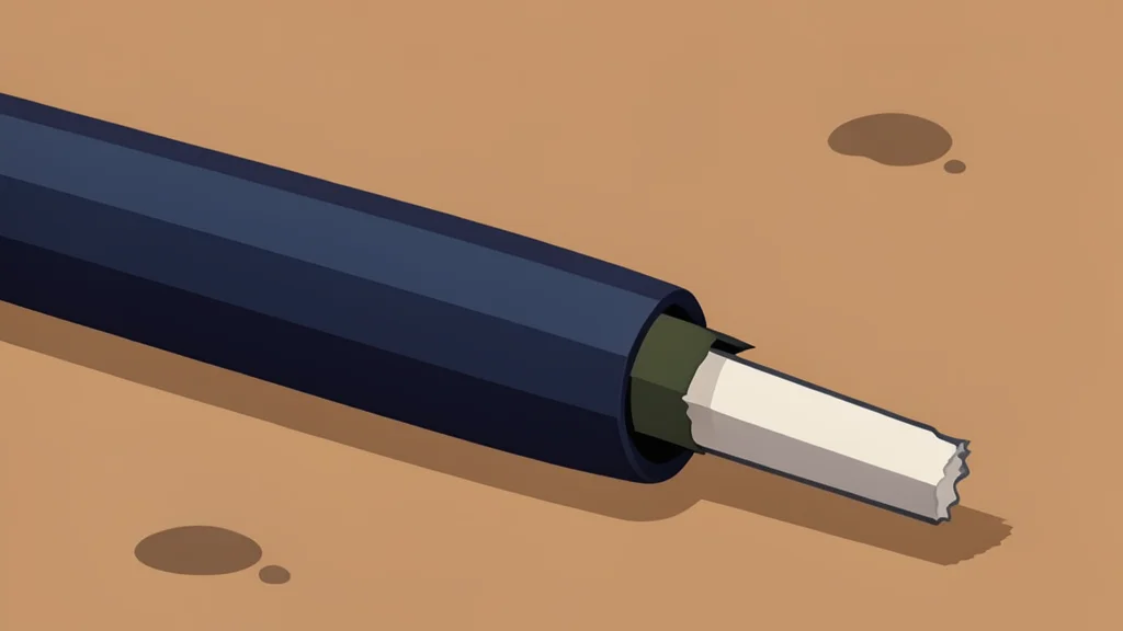 A severed fiber optic cable lying on dusty ground