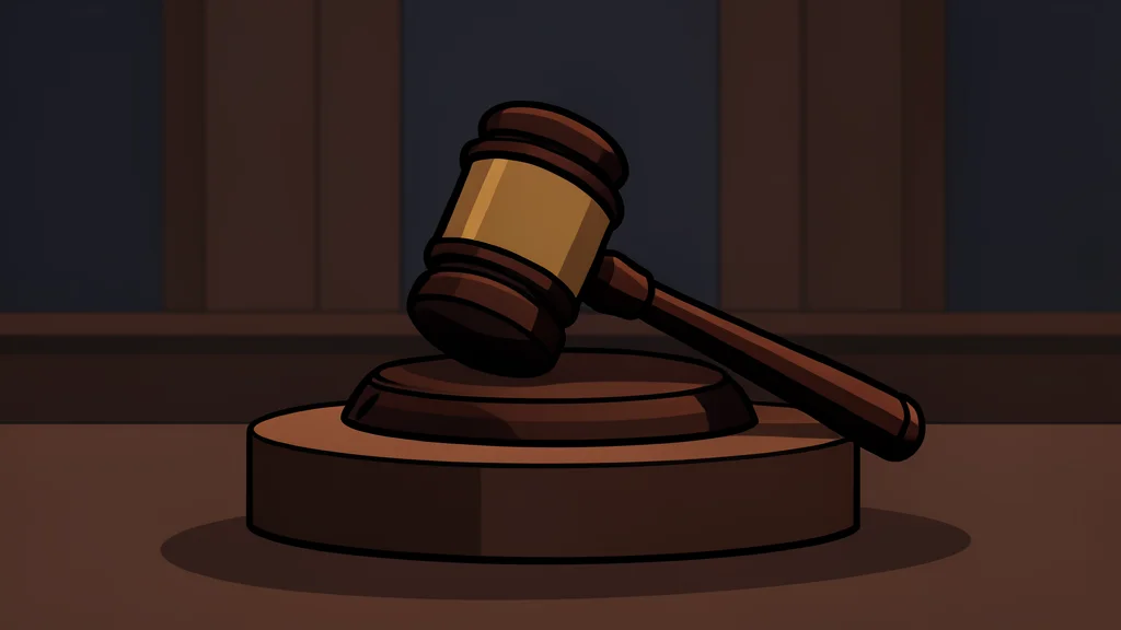 A wooden gavel resting on a sound block in a dimly lit courtroom.