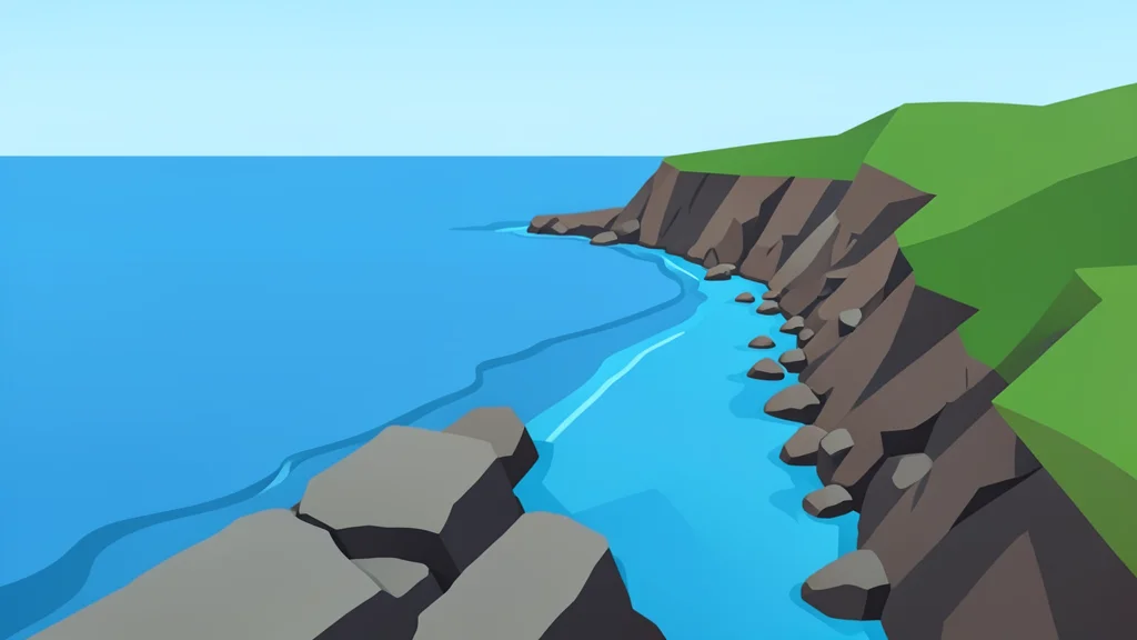 A rocky coastline meeting the sea near a narrow strait