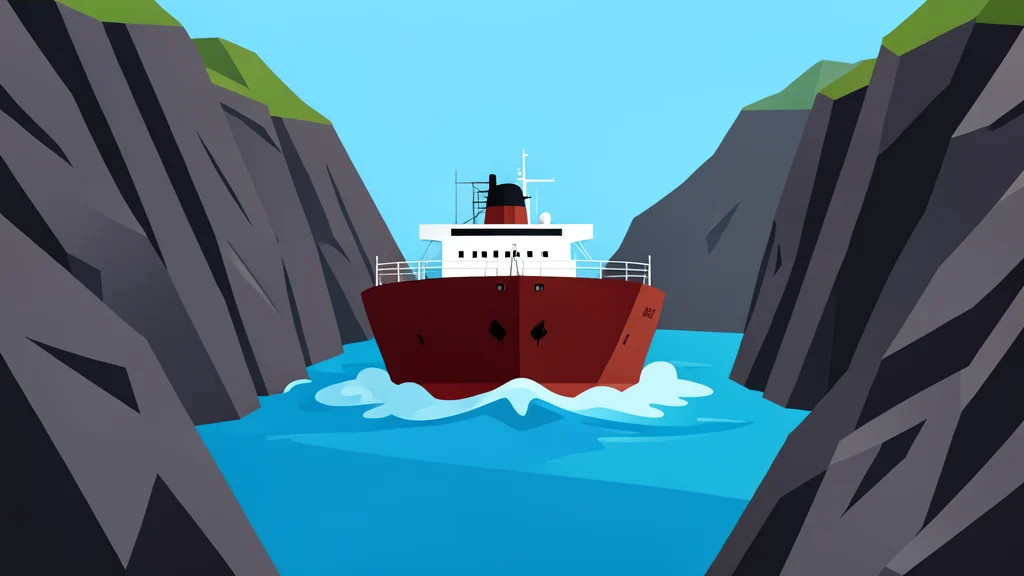 A large oil tanker ship navigating through a narrow, rocky strait.
