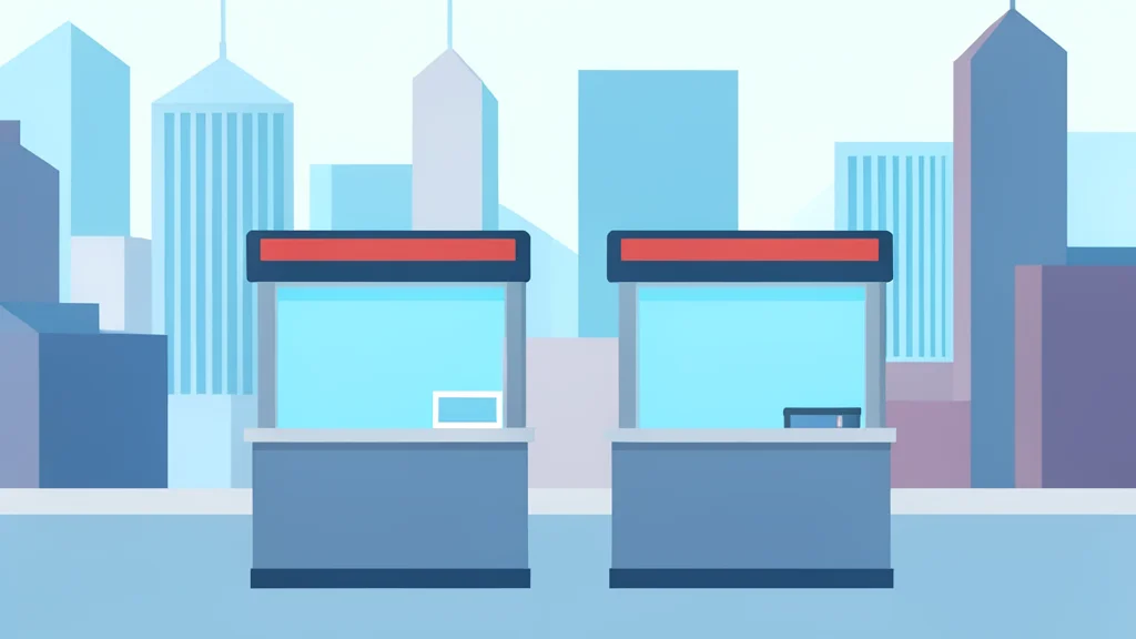 Two distinct currency exchange kiosks standing side by side in a busy financial district