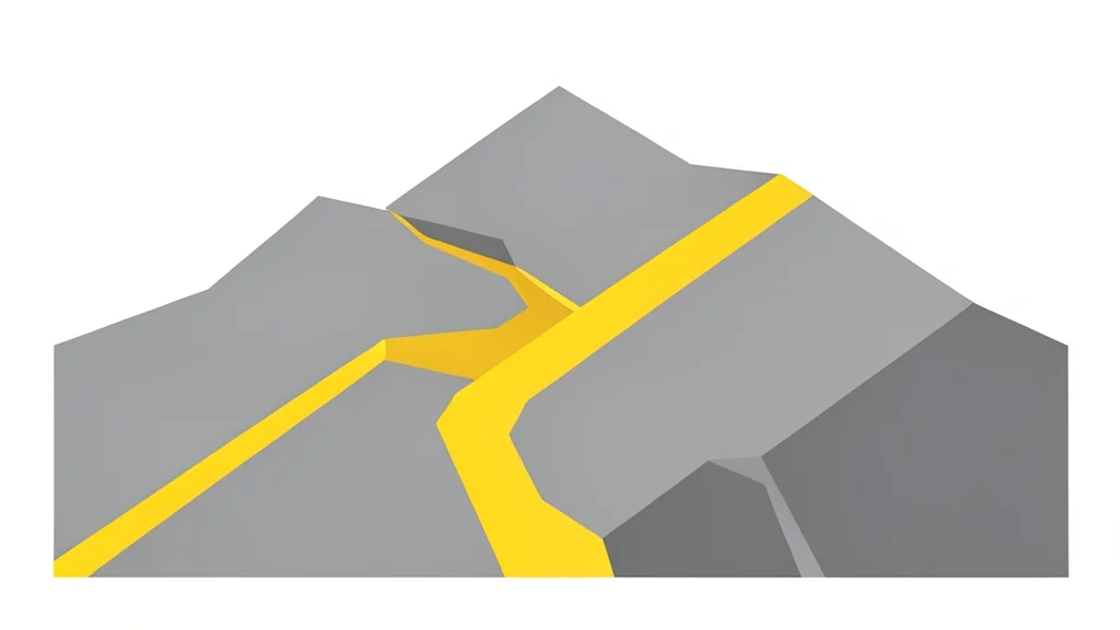 A cross-section of a rocky mountain face revealing a distinct, bright yellow vein of ore running through grey stone.