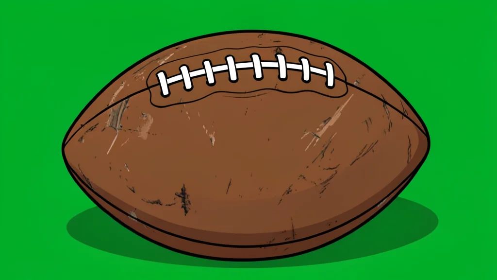 A green football field with white yard lines and a brown leather football resting on the grass