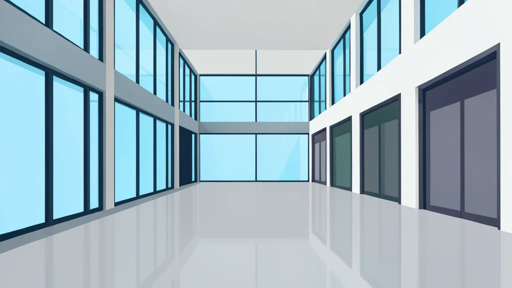 A modern glass-walled shopping mall atrium with empty storefronts and polished floors