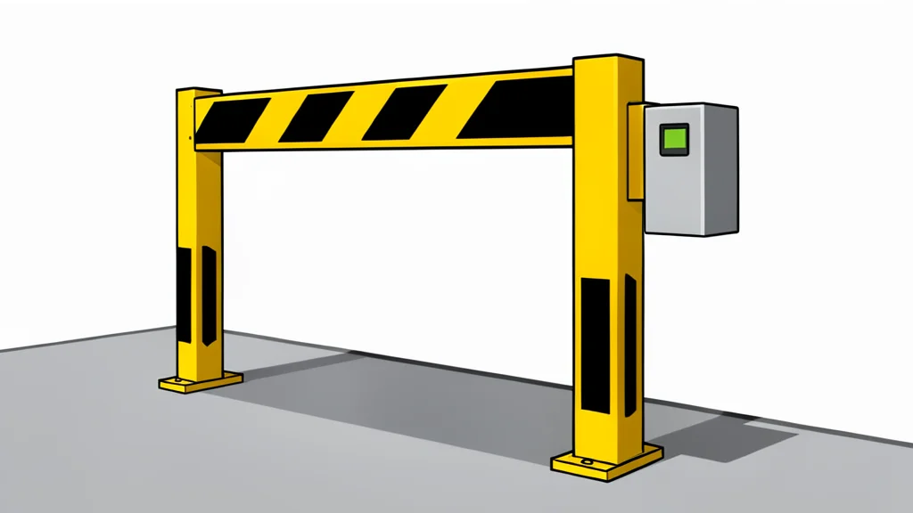 A flat-vector illustration of a bipedal robot standing in a workshop with storage cases in the background.