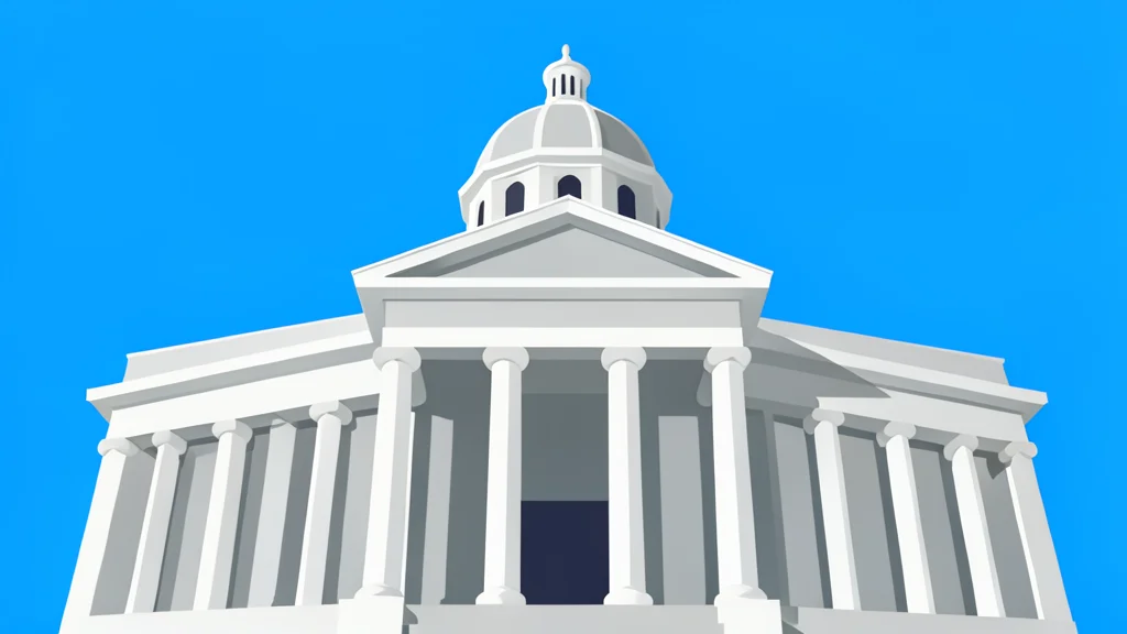 A large, ornate neoclassical building with tall columns and a dome, viewed from a low angle against a clear sky.