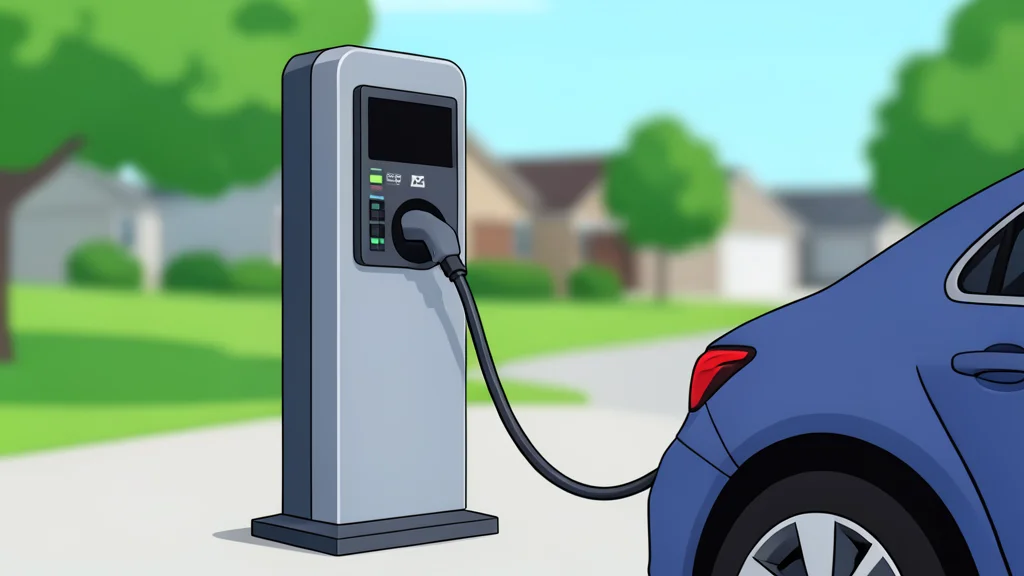 A modern electric vehicle charging station with a cable plugged into a car port, set against a blurred background of a suburban driveway.