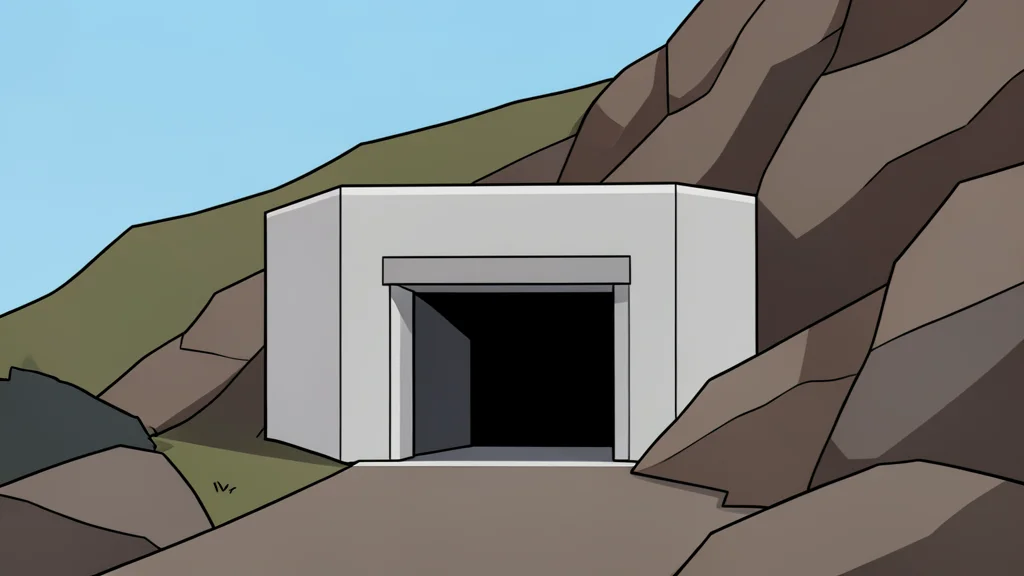 A fortified concrete bunker entrance set into a rocky hillside