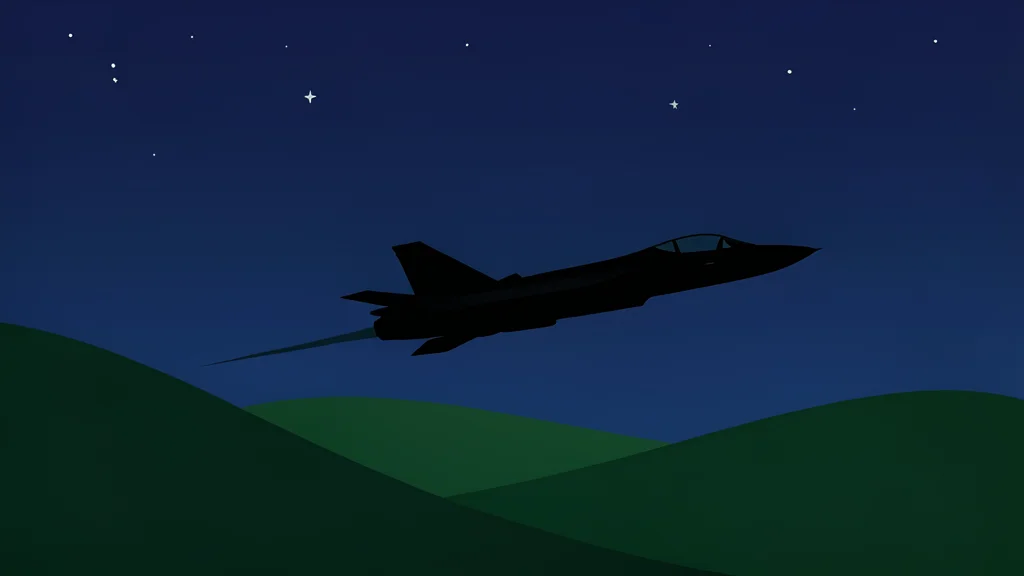 A silhouette of a fighter jet flying over a dark, flat Baltic landscape at night.