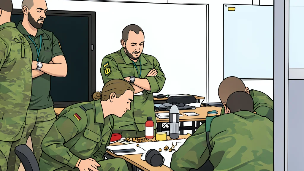 A flat-vector illustration of a military training field featuring sandbag barriers and a tactical map table.