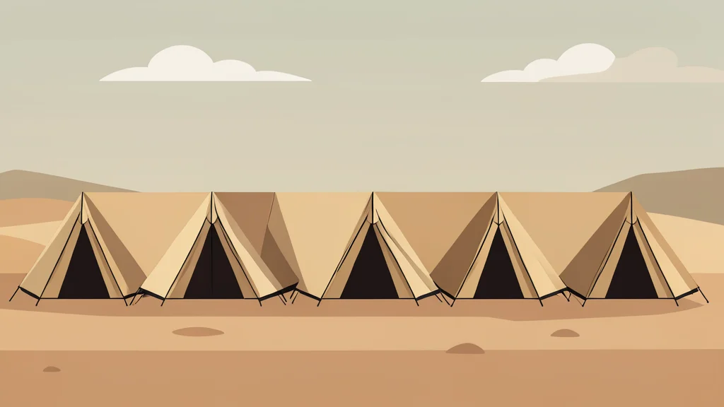 A row of simple canvas tents pitched on dry, dusty ground under a hazy sky