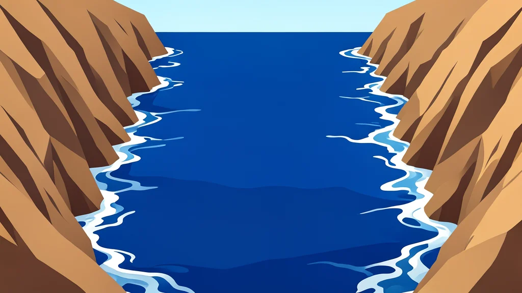 A wide expanse of deep blue sea water with white foam from waves, bordered by steep, arid rocky cliffs on both sides forming a narrow strait.