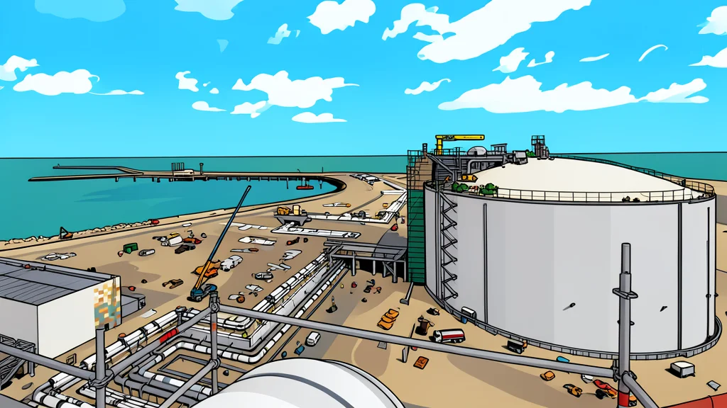 A flat-vector illustration of a large industrial gas storage facility featuring spherical tanks and extensive piping infrastructure.